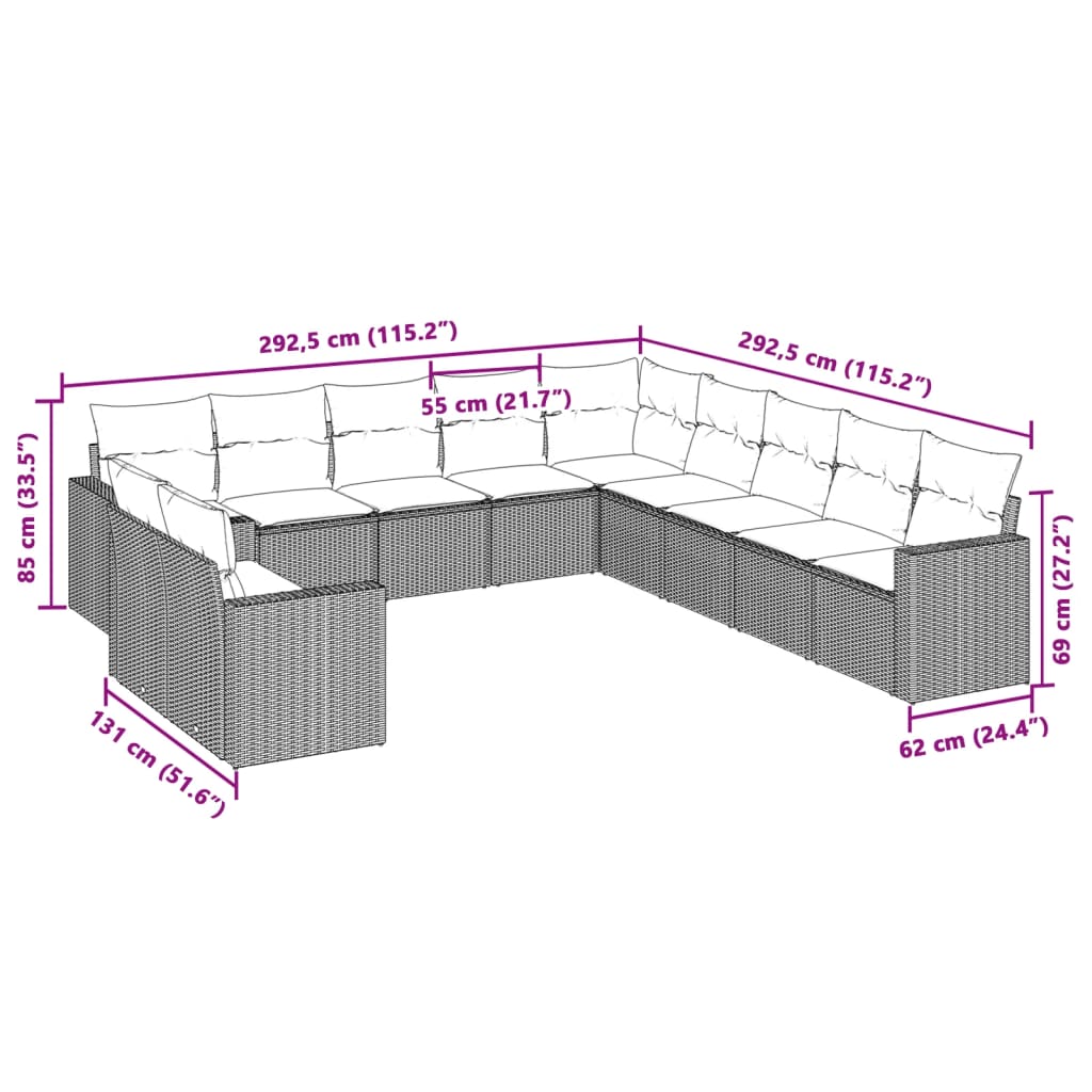 11-delige Loungeset met kussens poly rattan lichtgrijs