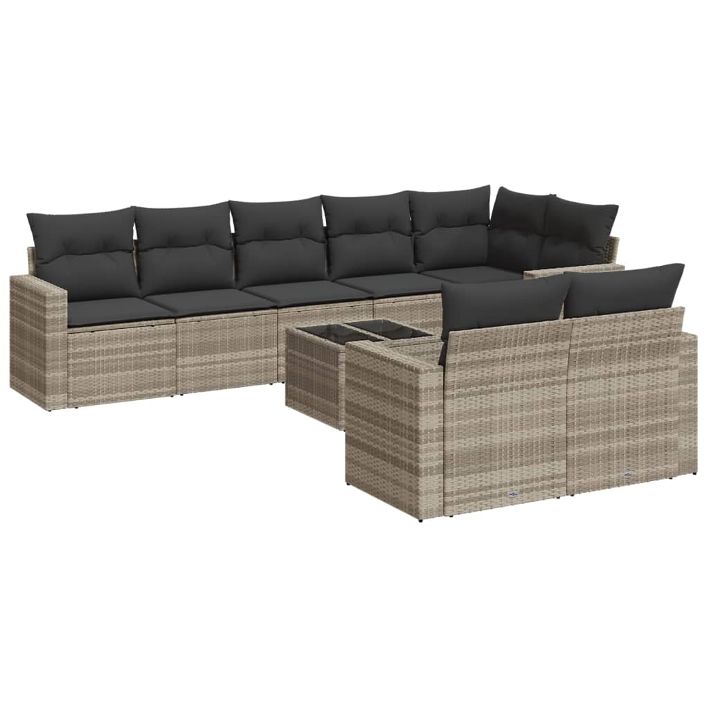 9-delige Loungeset met kussens poly rattan lichtgrijs