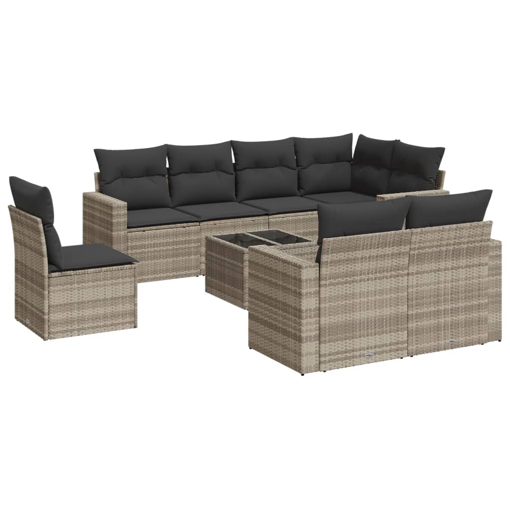 9-delige Loungeset met kussens poly rattan lichtgrijs