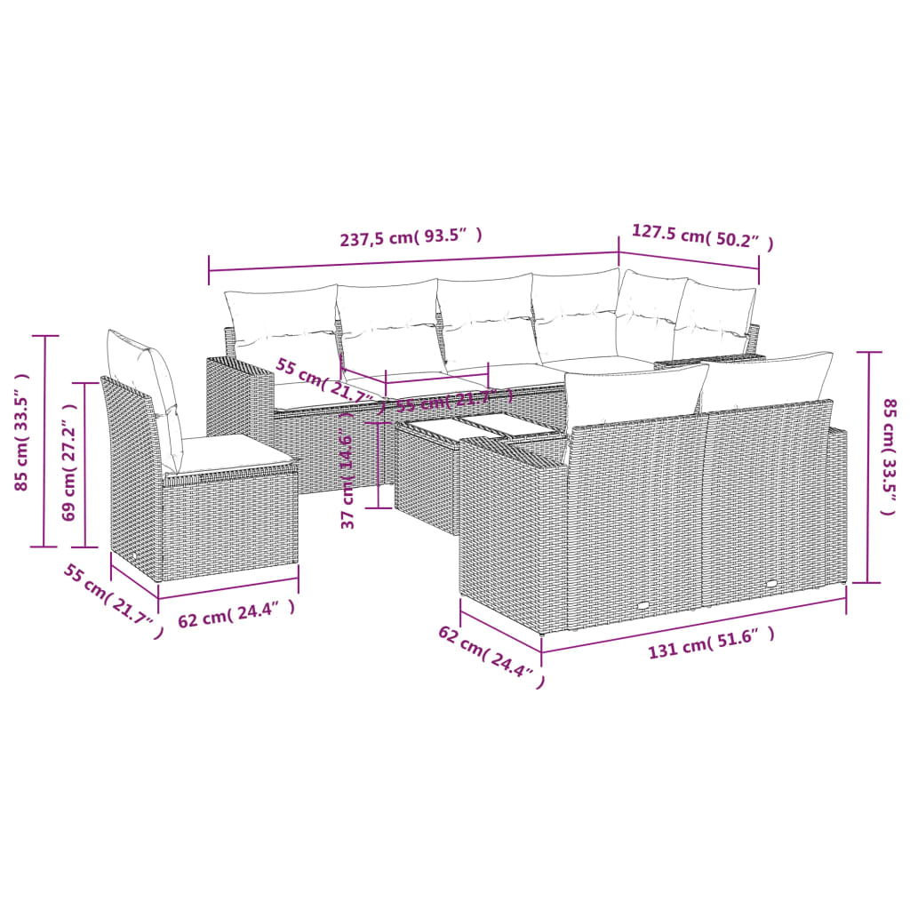 9-delige Loungeset met kussens poly rattan lichtgrijs