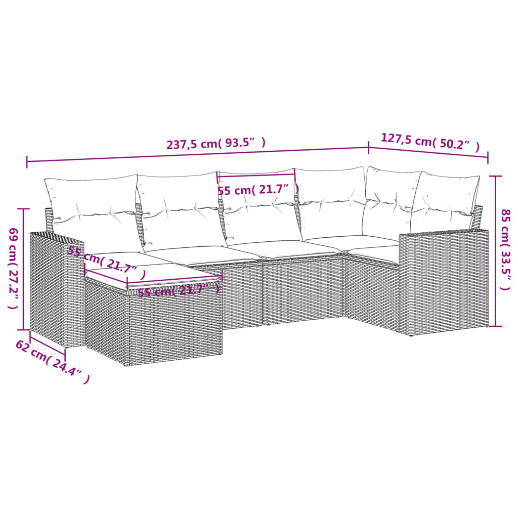 6-delige Loungeset met kussens poly rattan bruin