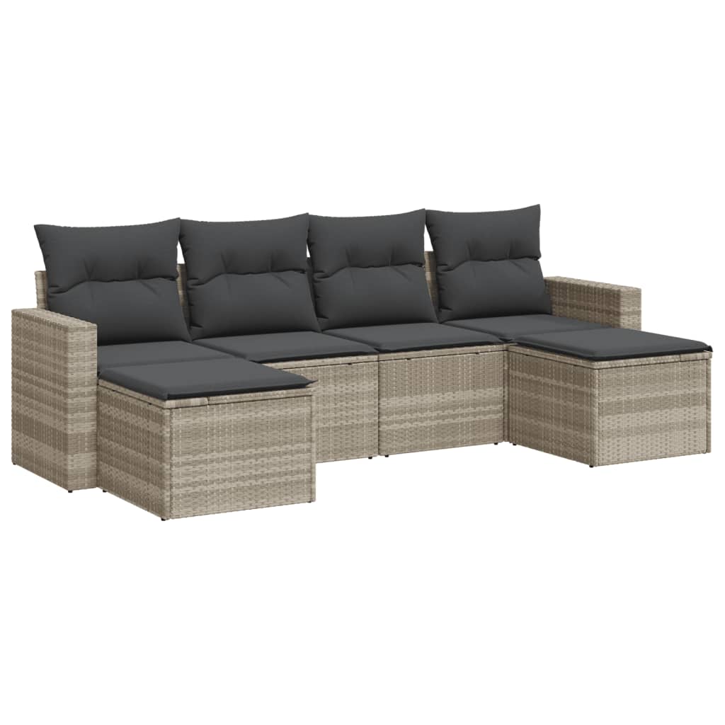6-delige Loungeset met kussens poly rattan lichtgrijs