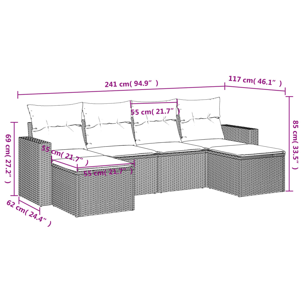 6-delige Loungeset met kussens poly rattan lichtgrijs