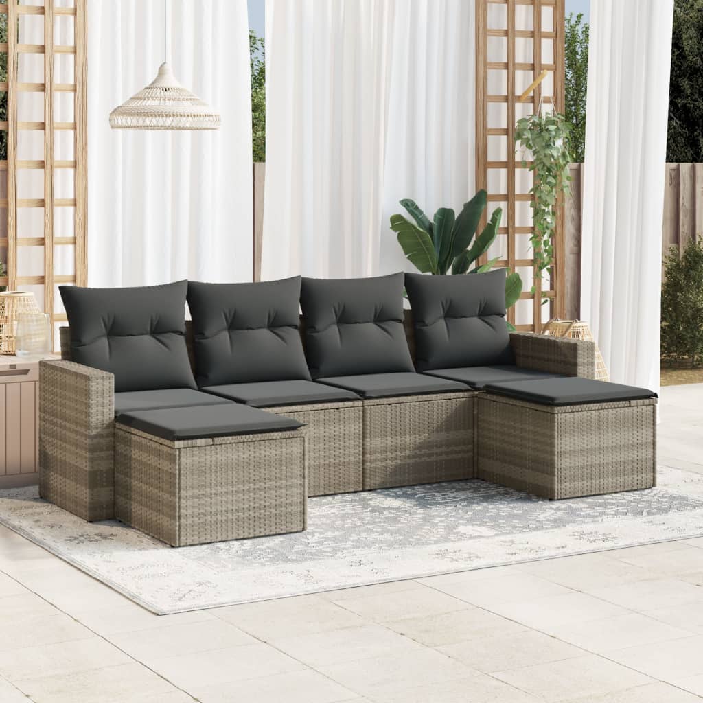 6-delige Loungeset met kussens poly rattan lichtgrijs