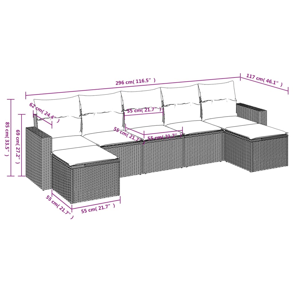 7-delige Loungeset met kussens poly rattan bruin