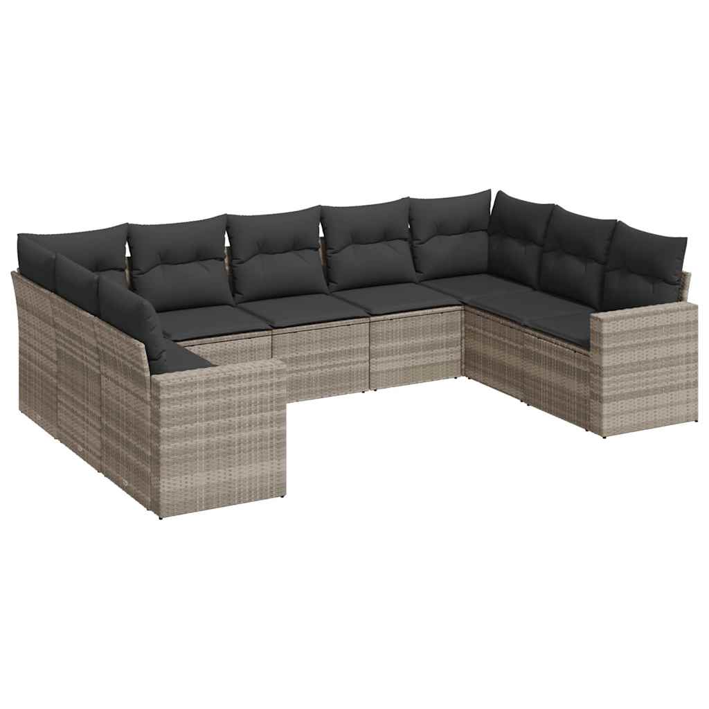 9-delige Loungeset met kussens poly rattan lichtgrijs