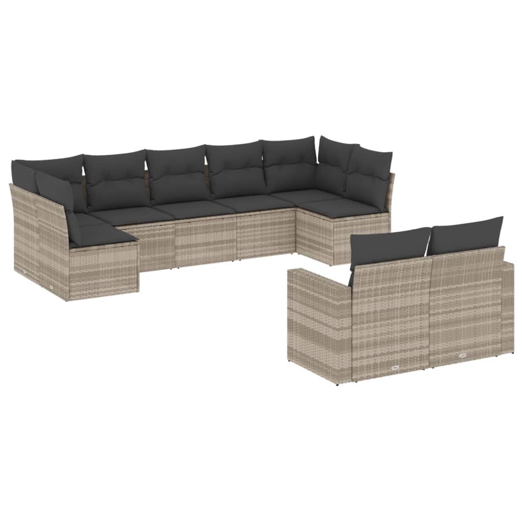 9-delige Loungeset met kussens poly rattan lichtgrijs