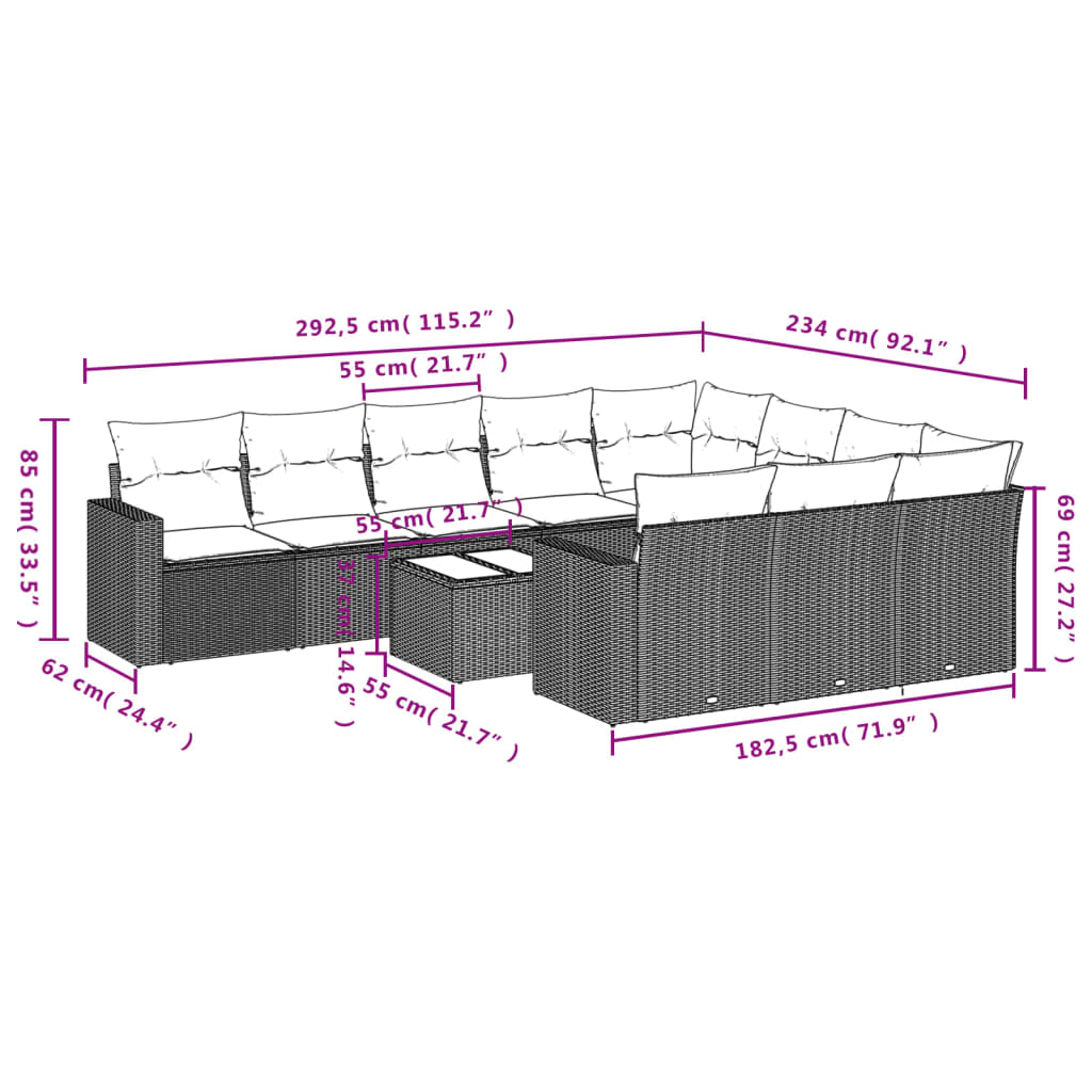11-delige Loungeset met kussens poly rattan lichtgrijs