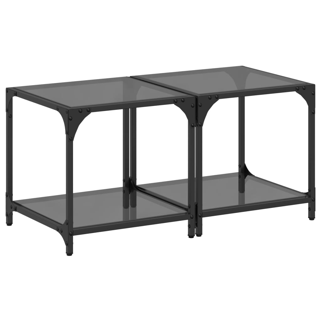 Salontafels 2 st met zwart glazen blad 40x40x40 cm staal