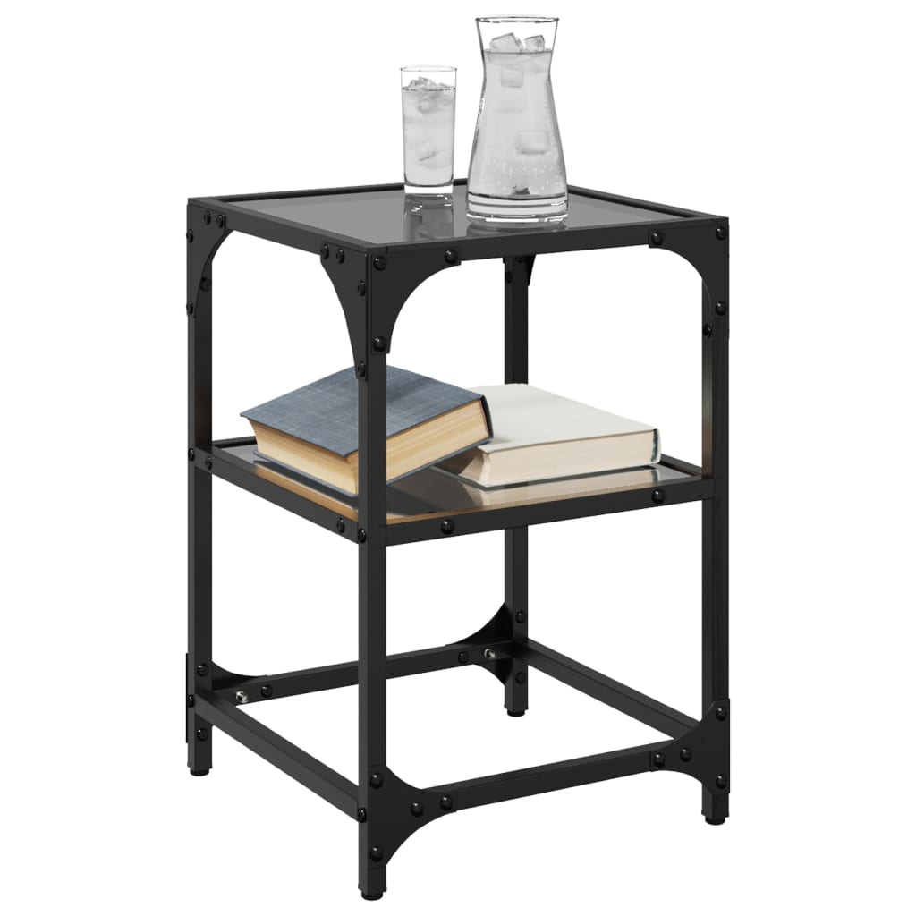 Salontafel met zwart glazen blad 30x30x45 cm staal