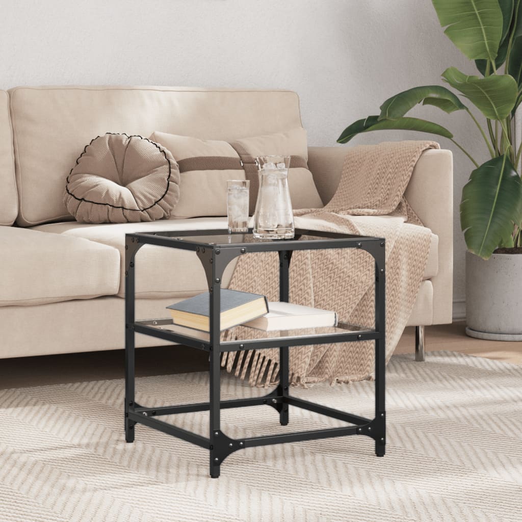 Salontafel met transparant glazen blad 40x40x45 cm staal