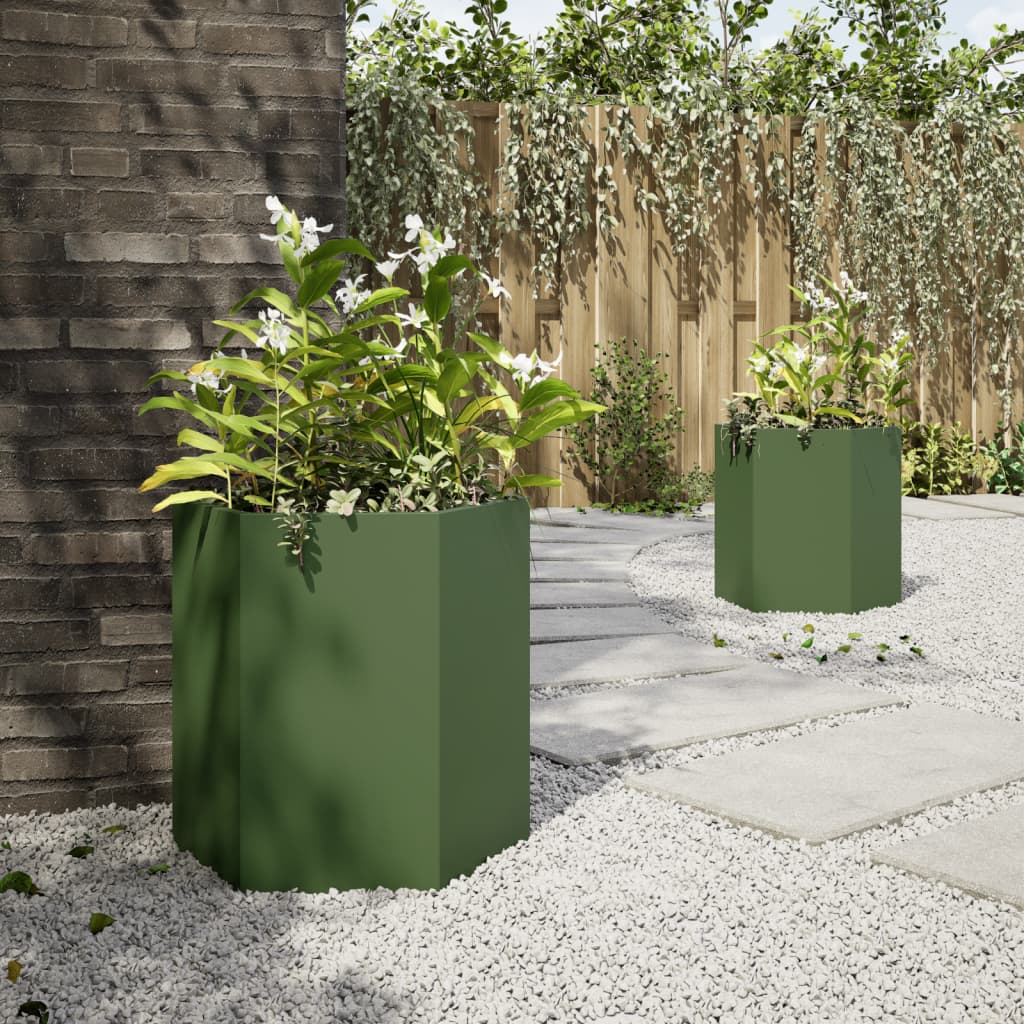 Plantenbakken Zeshoek Staal Olijfgroen 2 46 x 40 x 45 cm Staal/Groen
