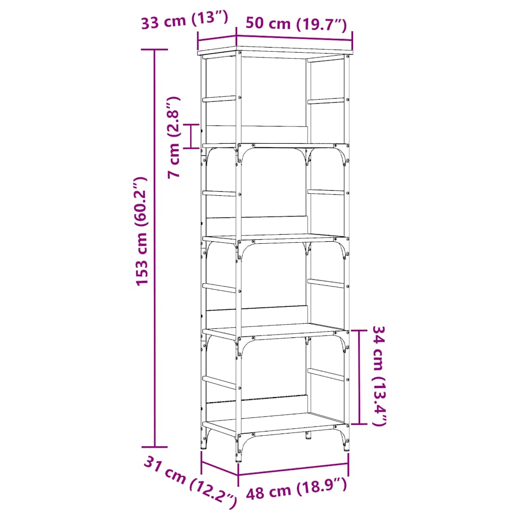 Boekenkast 50x33x153 cm bewerkt hout oud houtkleurig