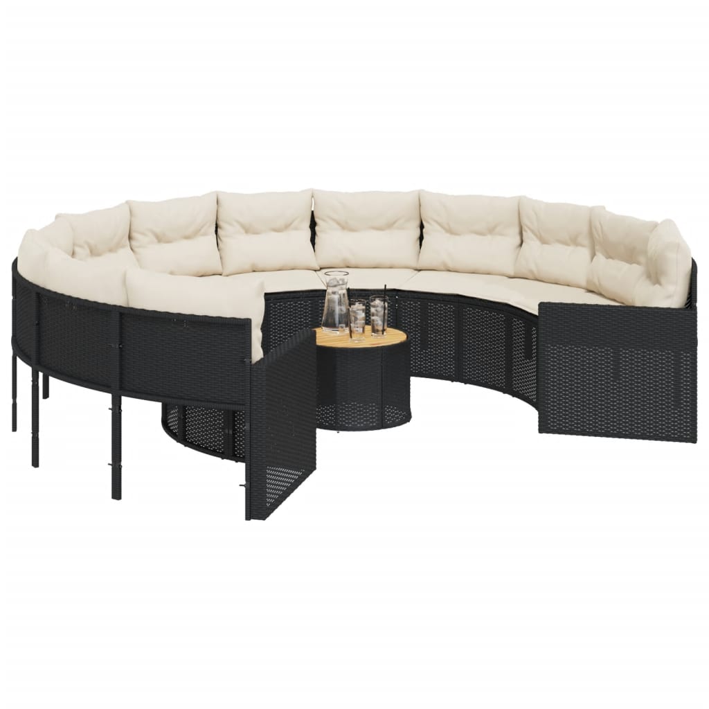 Tuinbank met tafel en kussens rond poly rattan zwart