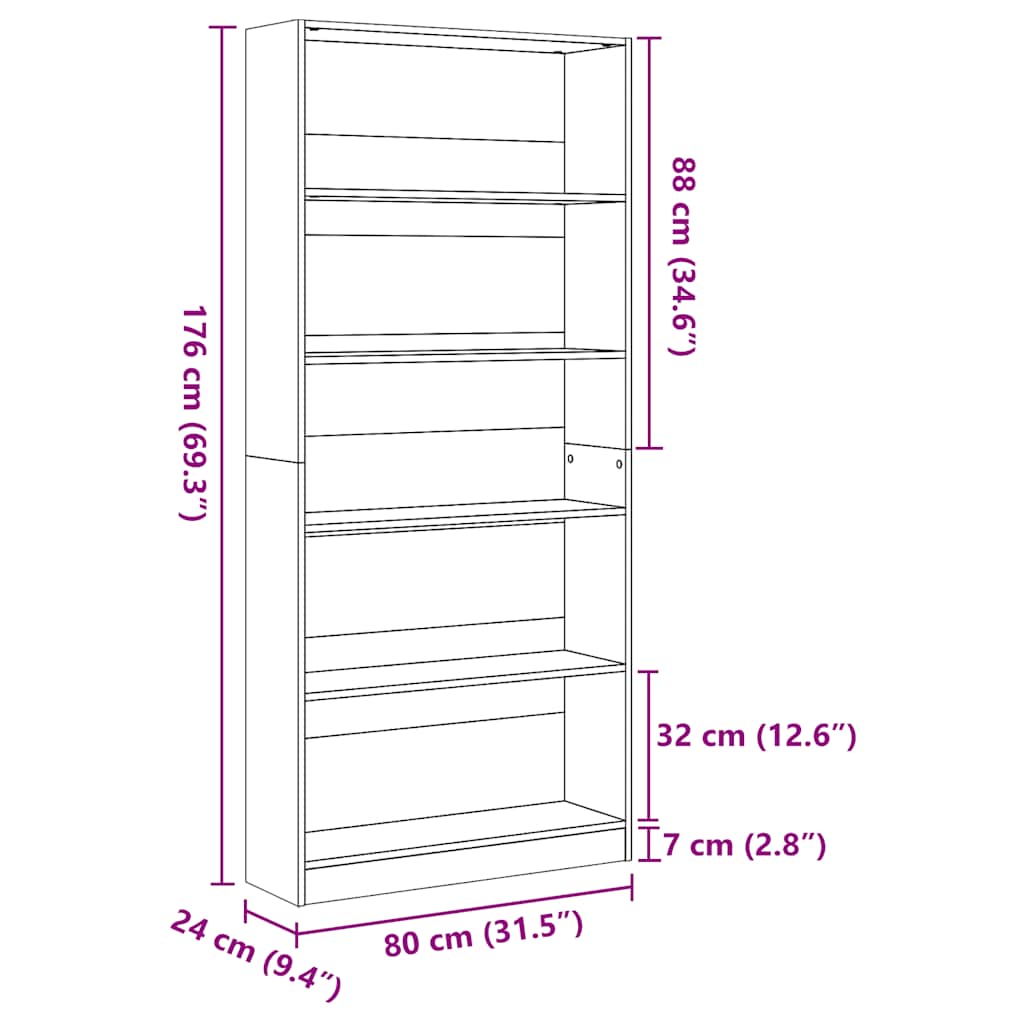 Boekenkast 80x24x176 cm bewerkt hout hoogglans wit