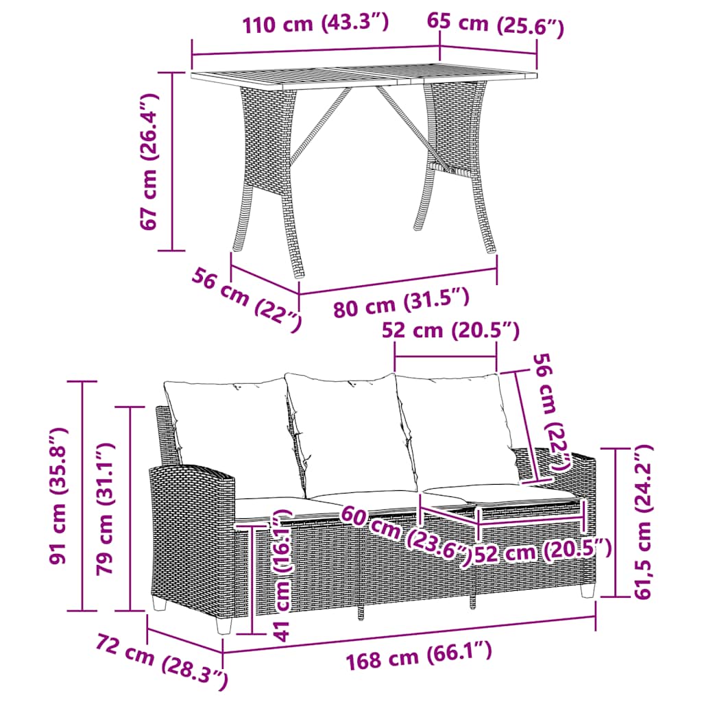 Tuinbank 3-zits met kussens & tafel poly rattan grijs
