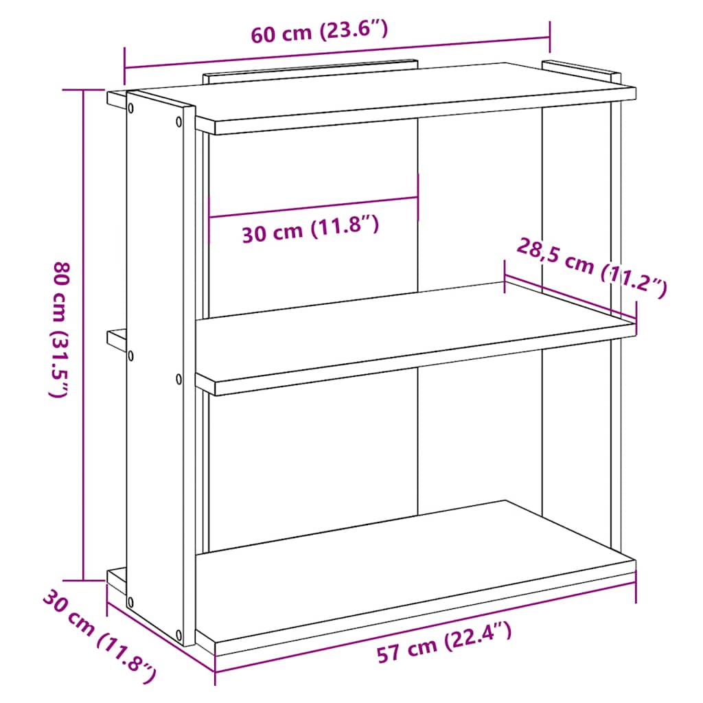 Boekenkast 3-laags 60x30x80 cm bewerkt hout artisanaal eiken