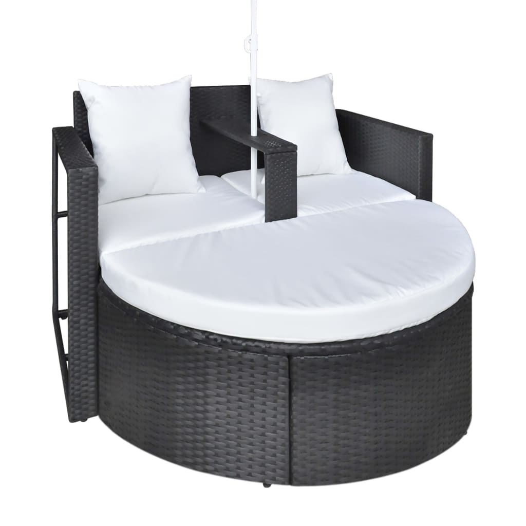 Tuinbed met parasol poly rattan zwart