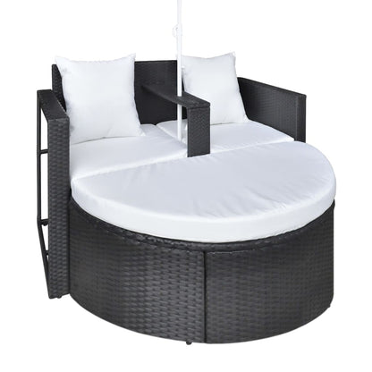 Tuinbed met parasol poly rattan zwart