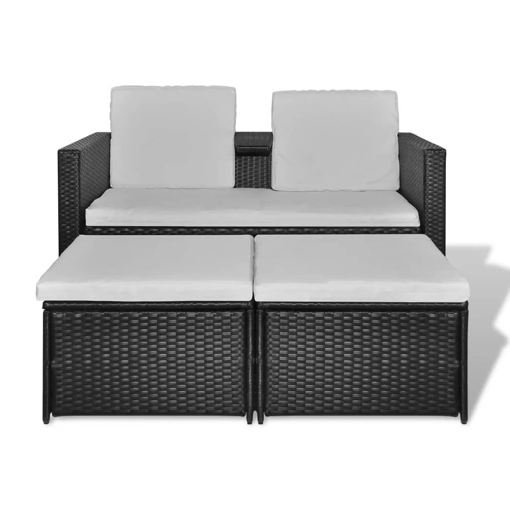 4-delige Loungeset met kussens poly rattan zwart