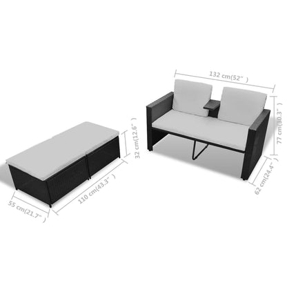 4-delige Loungeset met kussens poly rattan zwart
