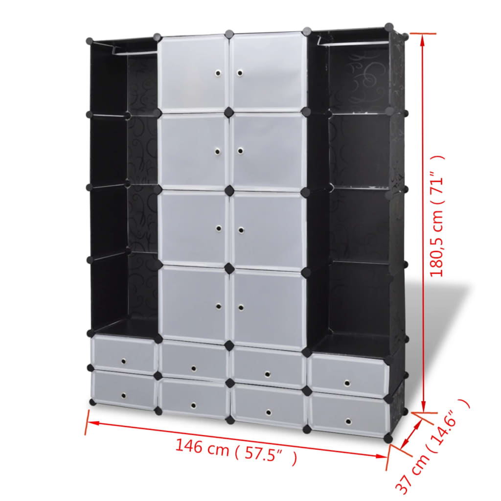 Kast modulair met 18 vakken 37x146x180,5 cm zwart en wit