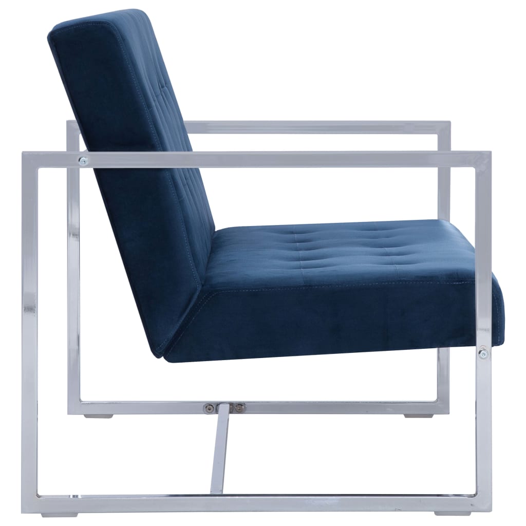 Tweezitsbank met armleuningen chroom en fluweel blauw