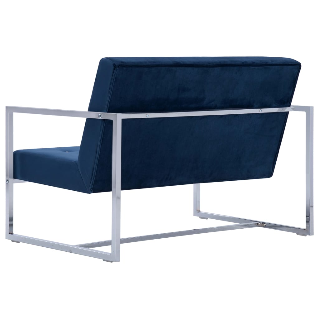 Tweezitsbank met armleuningen chroom en fluweel blauw