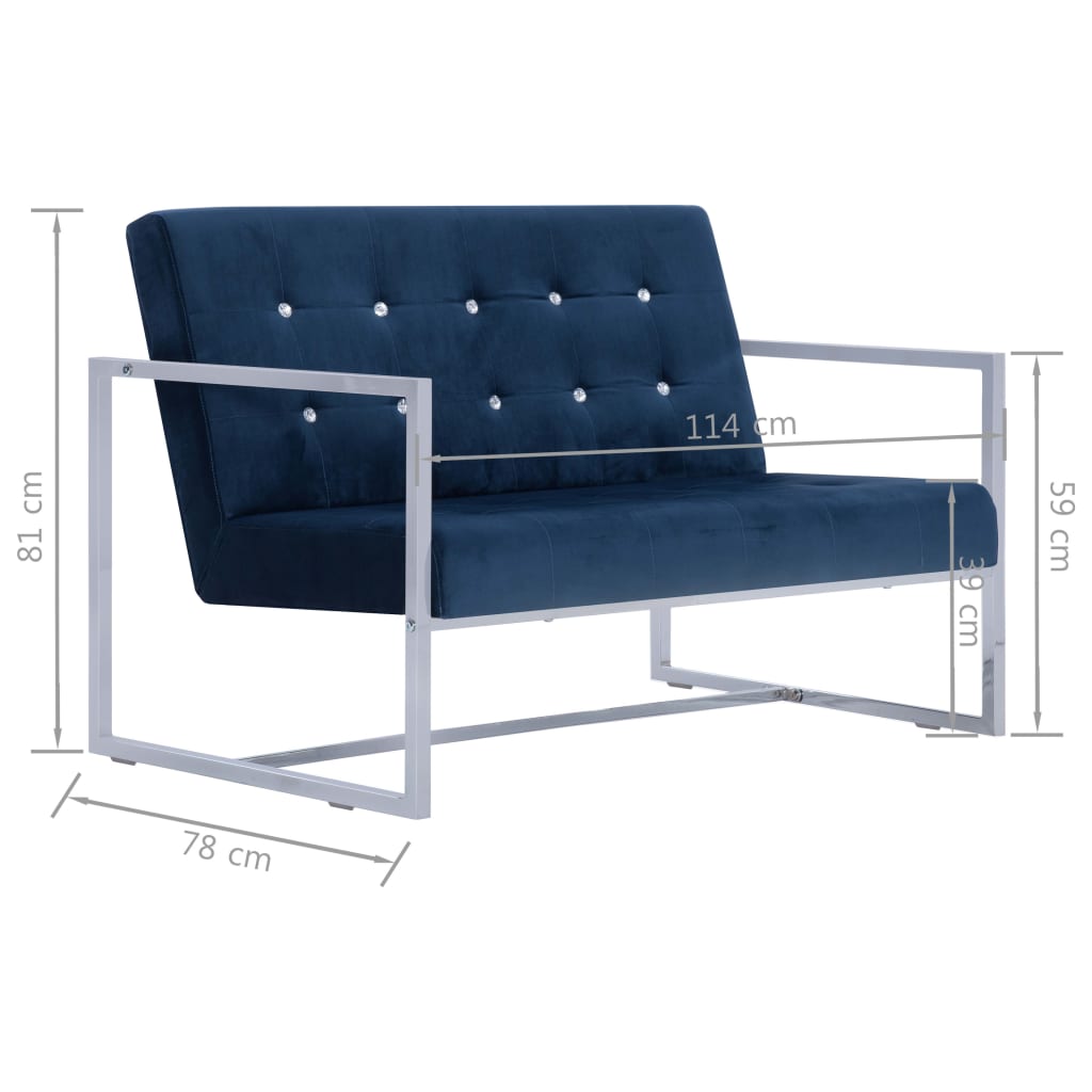 Tweezitsbank met armleuningen chroom en fluweel blauw