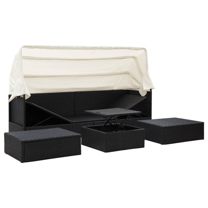 Tuinbed met luifel poly rattan zwart