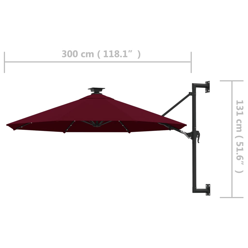 Wandparasol met LED's 300 cm bordeauxrood