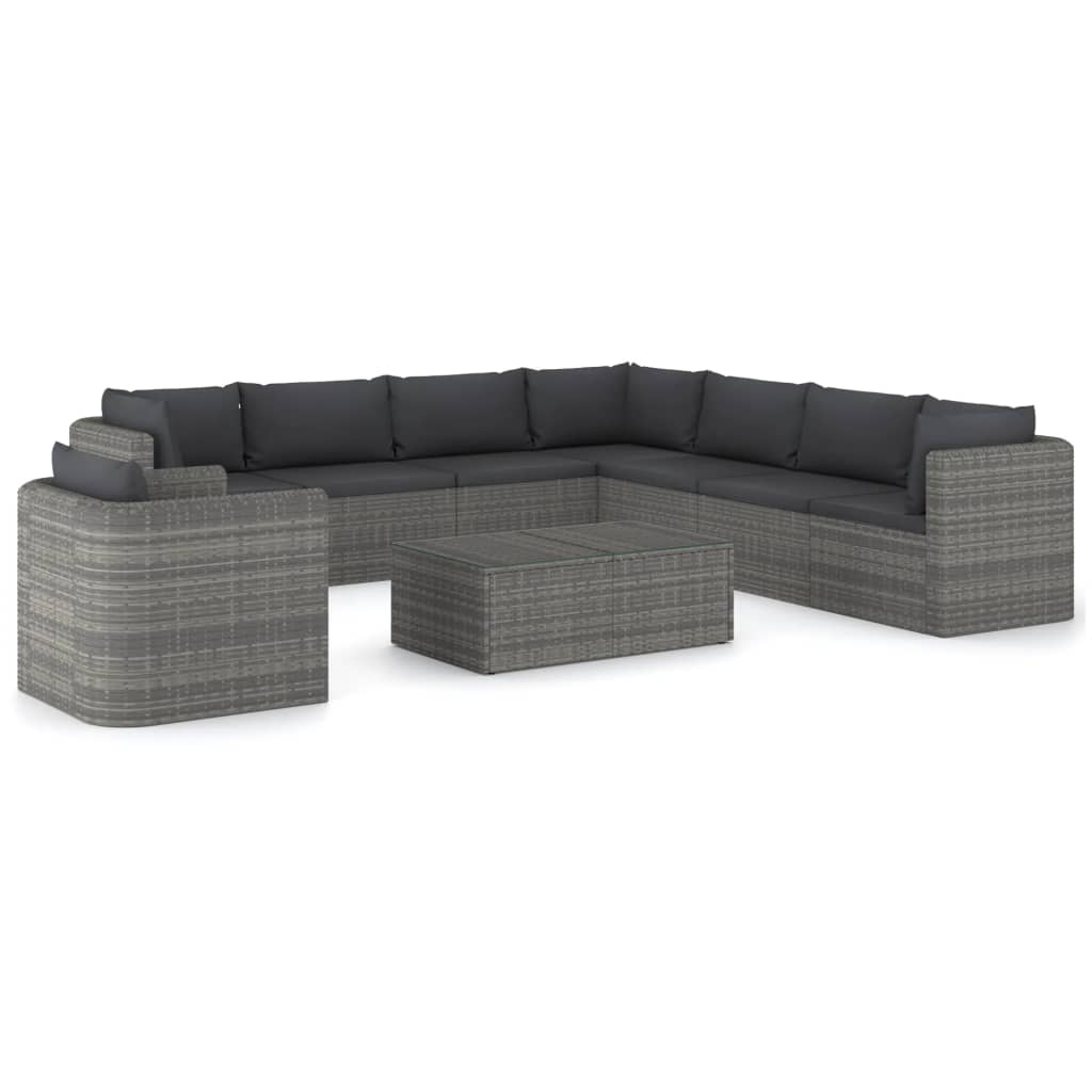 9-delige Loungeset met kussens poly rattan grijs