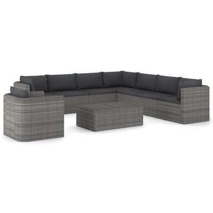 9-delige Loungeset met kussens poly rattan grijs