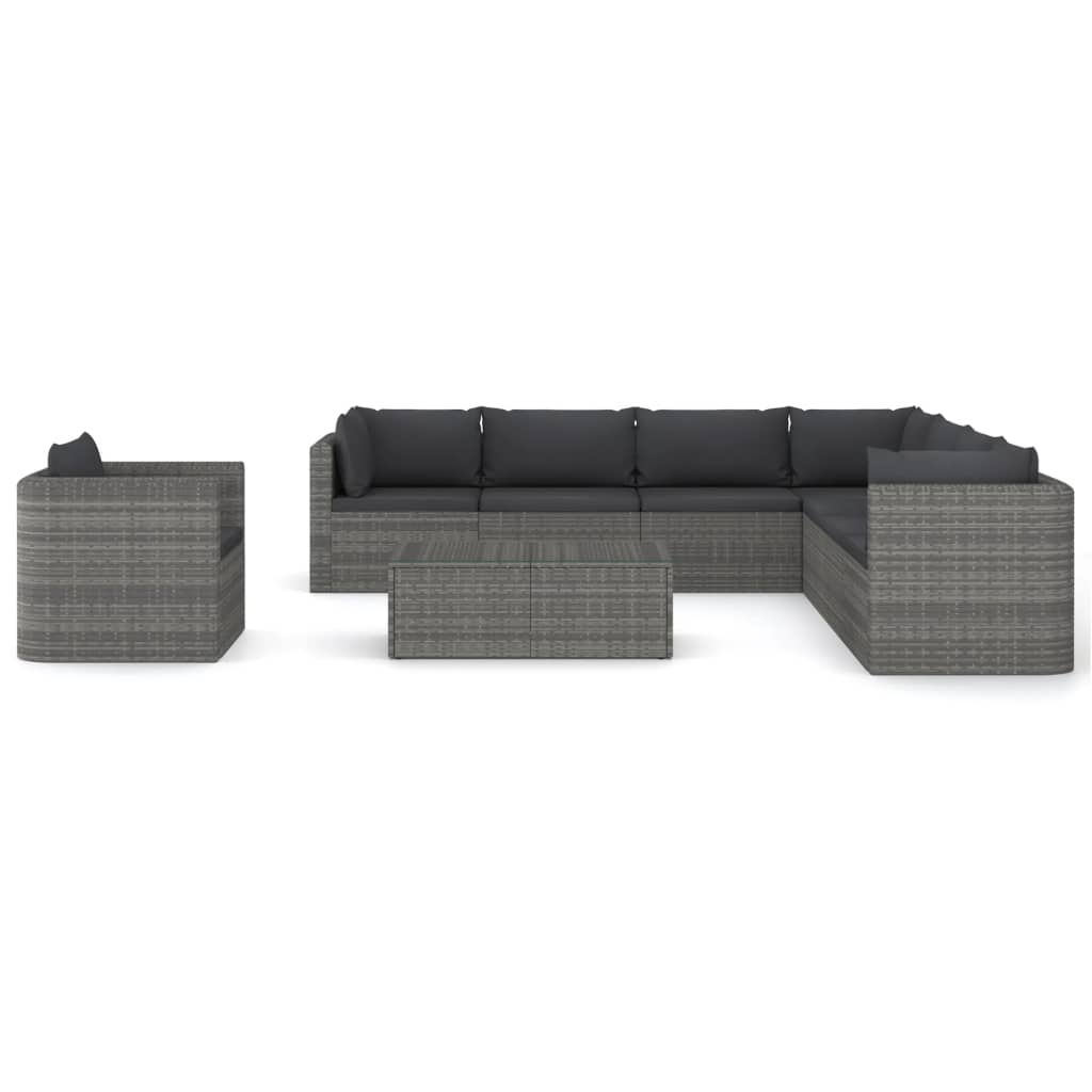 9-delige Loungeset met kussens poly rattan grijs