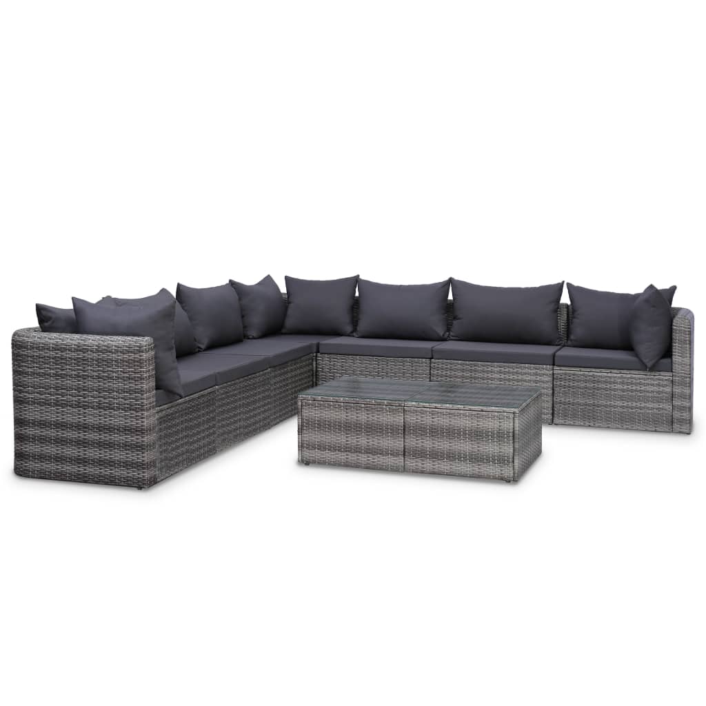 9-delige Loungeset met kussens poly rattan grijs
