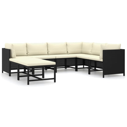8-delige Loungeset met kussens poly rattan zwart