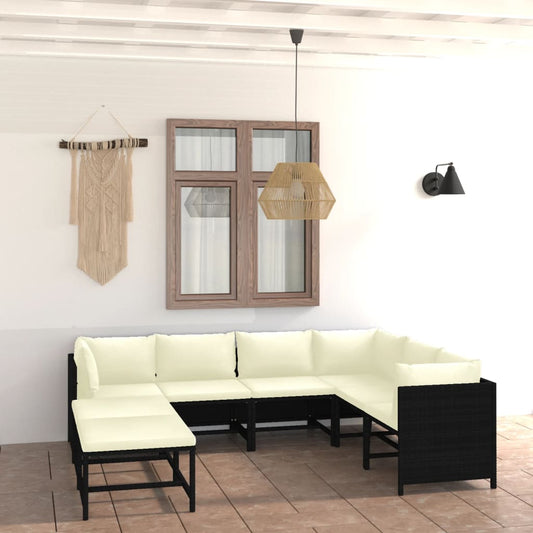 8-delige Loungeset met kussens poly rattan zwart