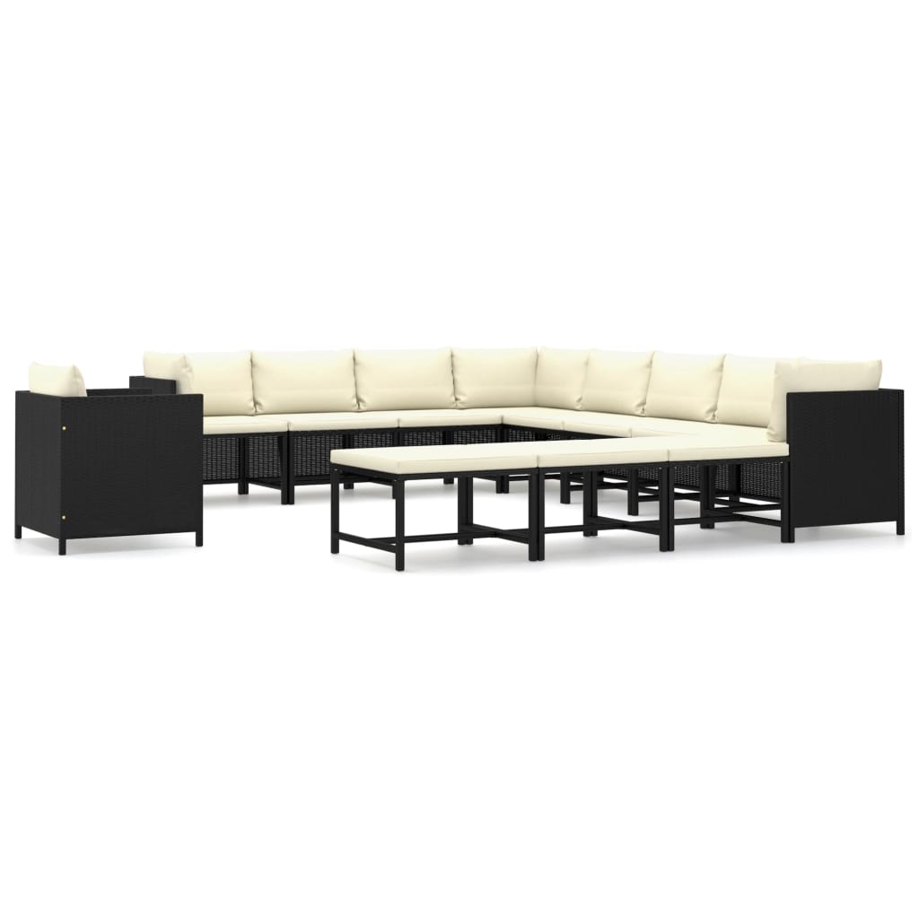 12-delige Loungeset met kussens poly rattan zwart