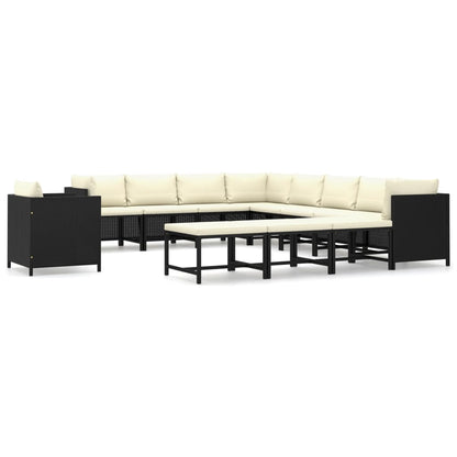 12-delige Loungeset met kussens poly rattan zwart