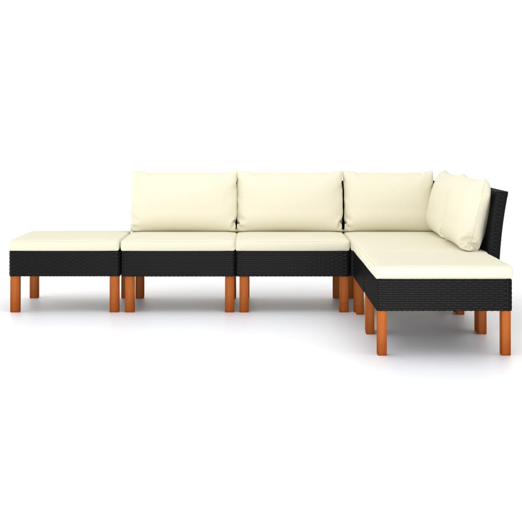 6-delige Loungeset met kussens poly rattan zwart
