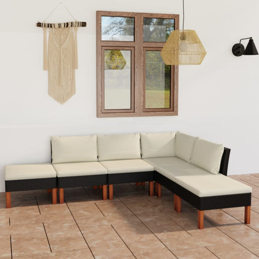 6-delige Loungeset met kussens poly rattan zwart