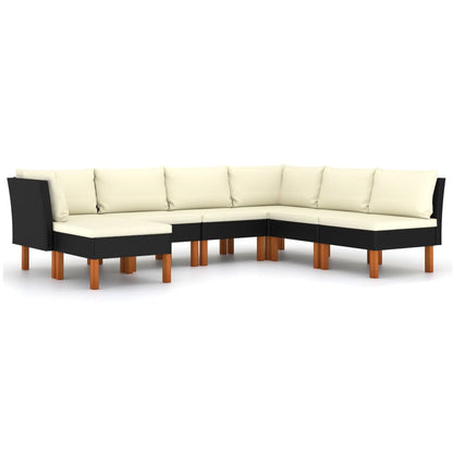 7-delige Loungeset met kussens poly rattan zwart