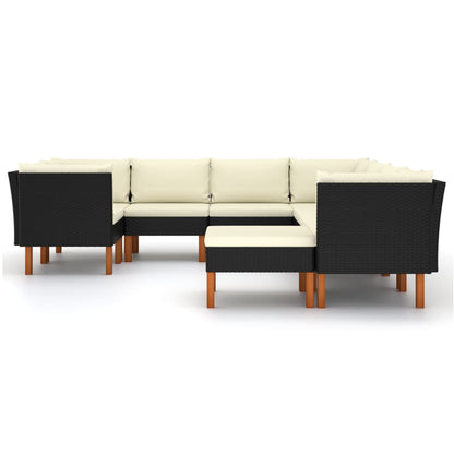 9-delige Loungeset met kussens poly rattan zwart
