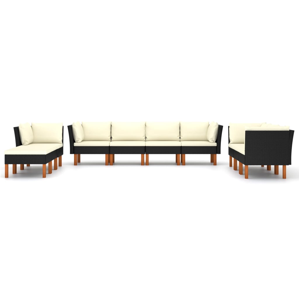 10-delige Loungeset met kussens poly rattan zwart