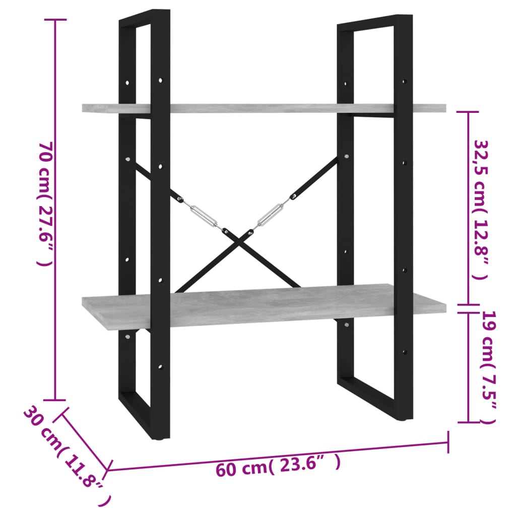 Boekenkast met 2 schappen 60x30x70 cm bewerkt hout betongrijs