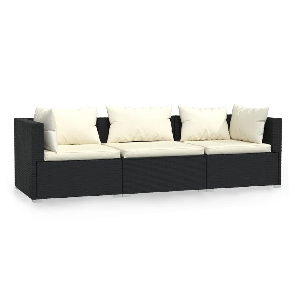 Driezitsbank met kussens poly rattan zwart