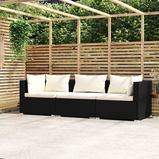 Driezitsbank met kussens poly rattan zwart