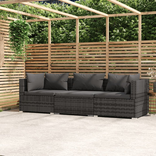 Driezitsbank met kussens poly rattan grijs