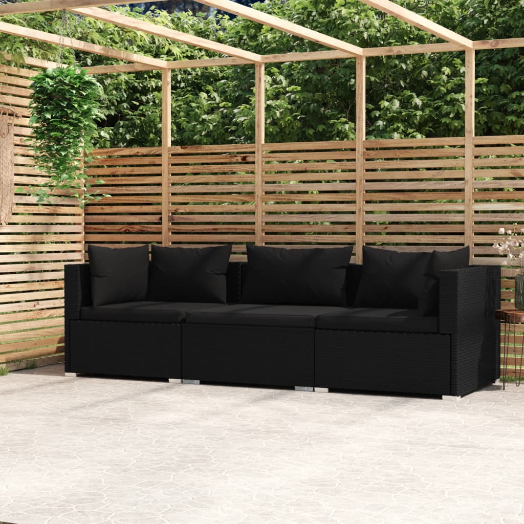 Driezitsbank met kussens poly rattan zwart