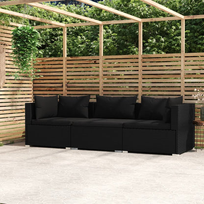 Driezitsbank met kussens poly rattan zwart